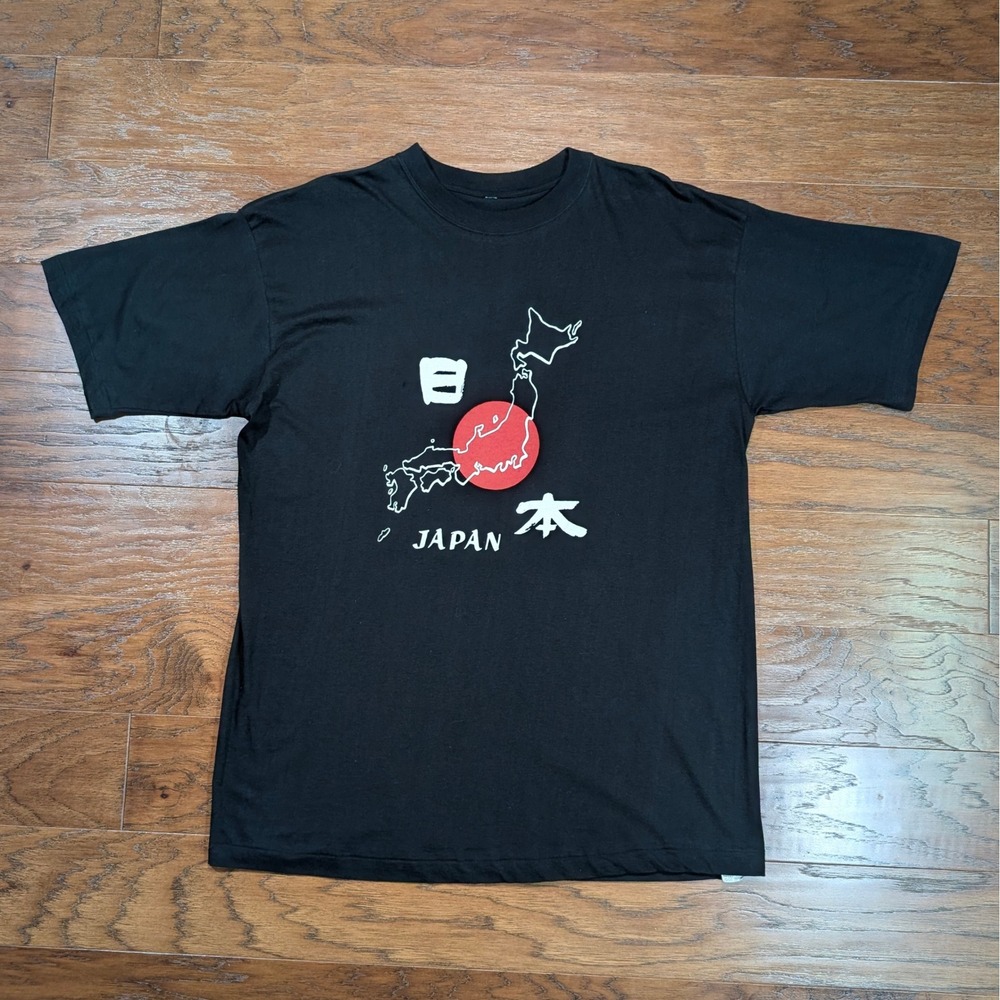 Vintage Japan T-Shirt‎ Mens XL 23x31 Black Single Stitch Rising Sun Kanji Tee